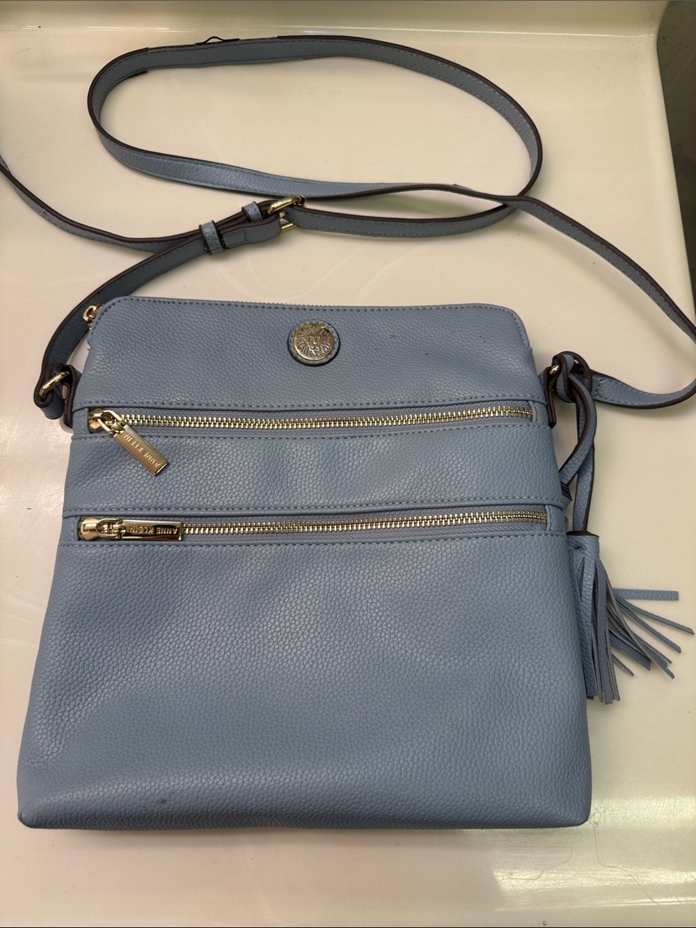 Ann Klein Light Blue Leather Crossbody Bag with Tassel